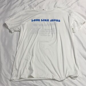 White T-Shirt with Blue 'Love Like Jesus' Print